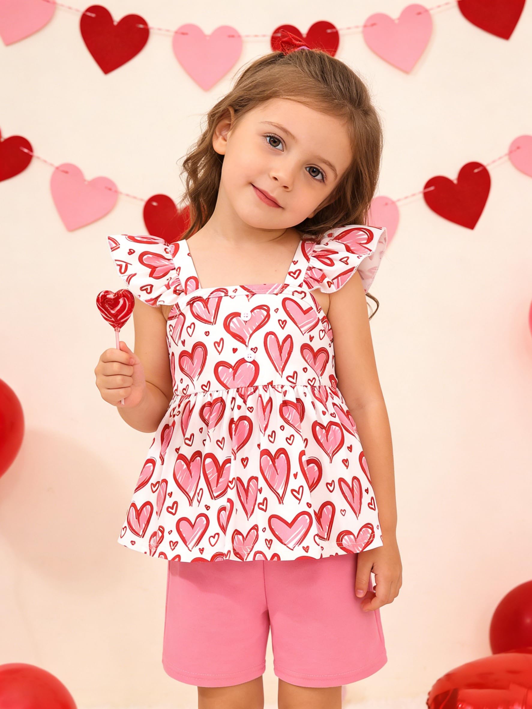 Popshion Girl's Summer 2 Piece Heart Outfits Short Sleeve Ruffle Top and Cute Print Shorts Sets Cute Clothing Set Size 5t/6849