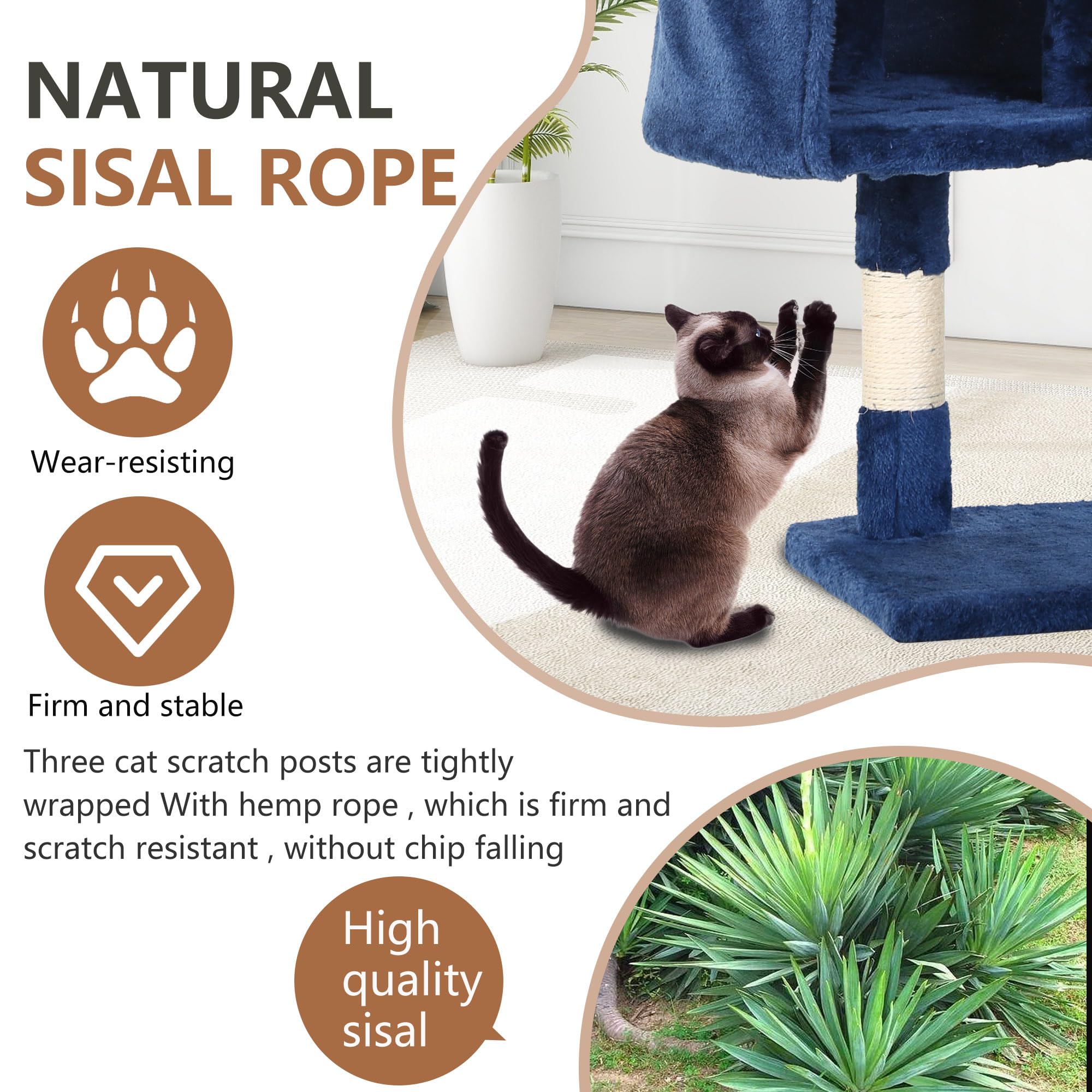 FDW | 36" Cat Tree Tower | Navy Blue | Multi-Level Indoor Activity Center with Sisal Scratching Posts, Condos, Plush Perches, Hanging Cat Toys | Sturdy, Easy to Assemble | for Kittens & Adult Cats