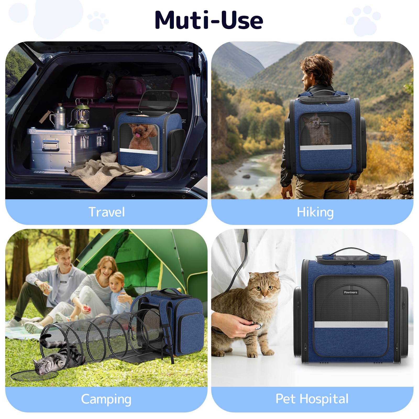 Pawtners Cat Backpack with Play Tunnel, Design for Carrying Playing Blue