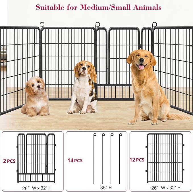 Dog Playpen Outdoor, 32 inch Heavy Duty Dog Fence Outdoor for Yard 14 Panels Rustproof Metal Pet Puppy Playen Dog Pens Outside for Large Medium Dogs Pet Fence for RV Camping, Yard