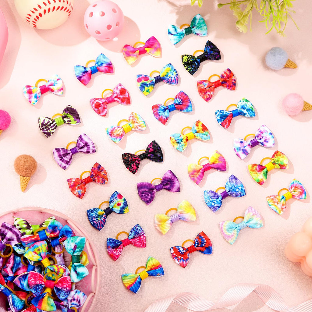 Shinylin 60 Pcs Cute Puppy Dog Hair Bows Small Bowknot Hair Bows with Rubber Bands Handmade Knot Accessories Pet Grooming Products for Holiday Birthday Gift(Tie Dye)