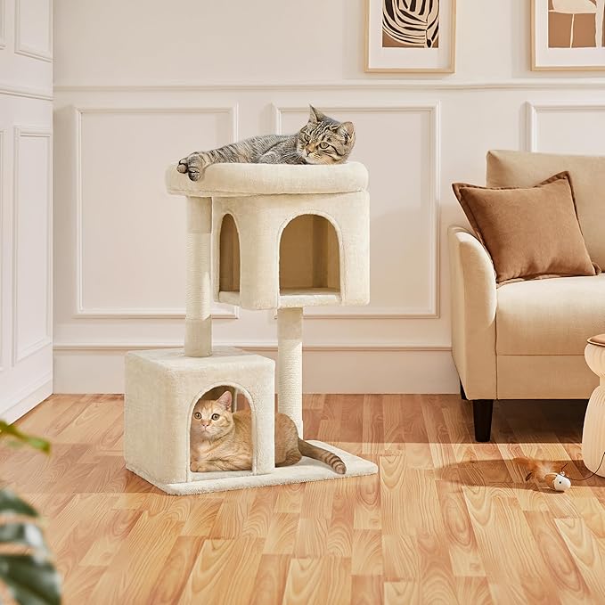 Yaheetech Cat Tree, 33.5in Cat Tower with 2 Cozy Condos, Soft Perch & Sisal Scratching Posts, Cat House Activity Center Furniture for Indoor Cats, Beige