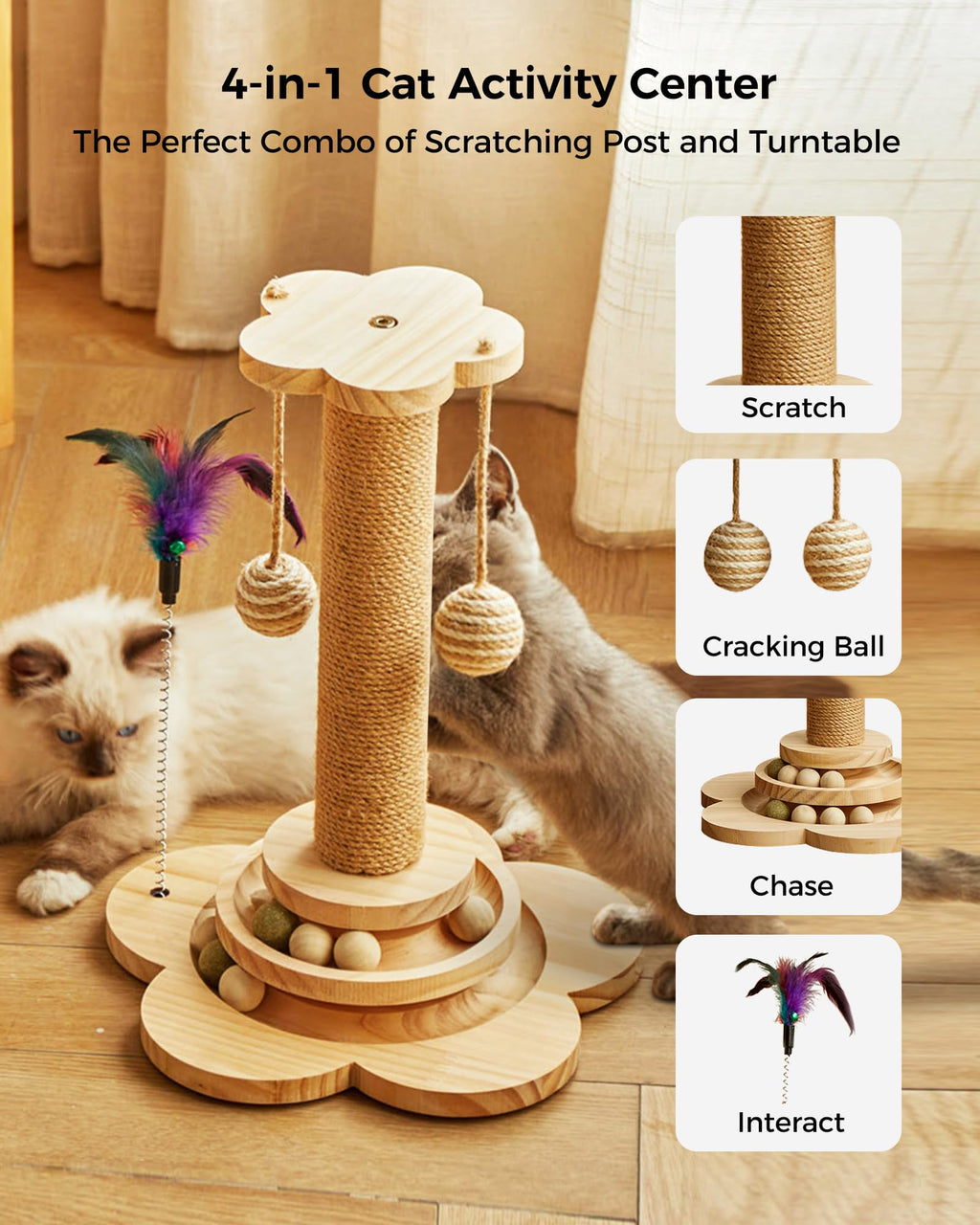 KHALOR Cat Scratching Post for Kittens, 4 in 1 Wooden Cat Scratcher Toy, 17.7" Tall Scratch Post with 2 Level Cat Track Balls, Interactive Feather Toy and 2 Sisal Hanging Balls for Indoor Kittens