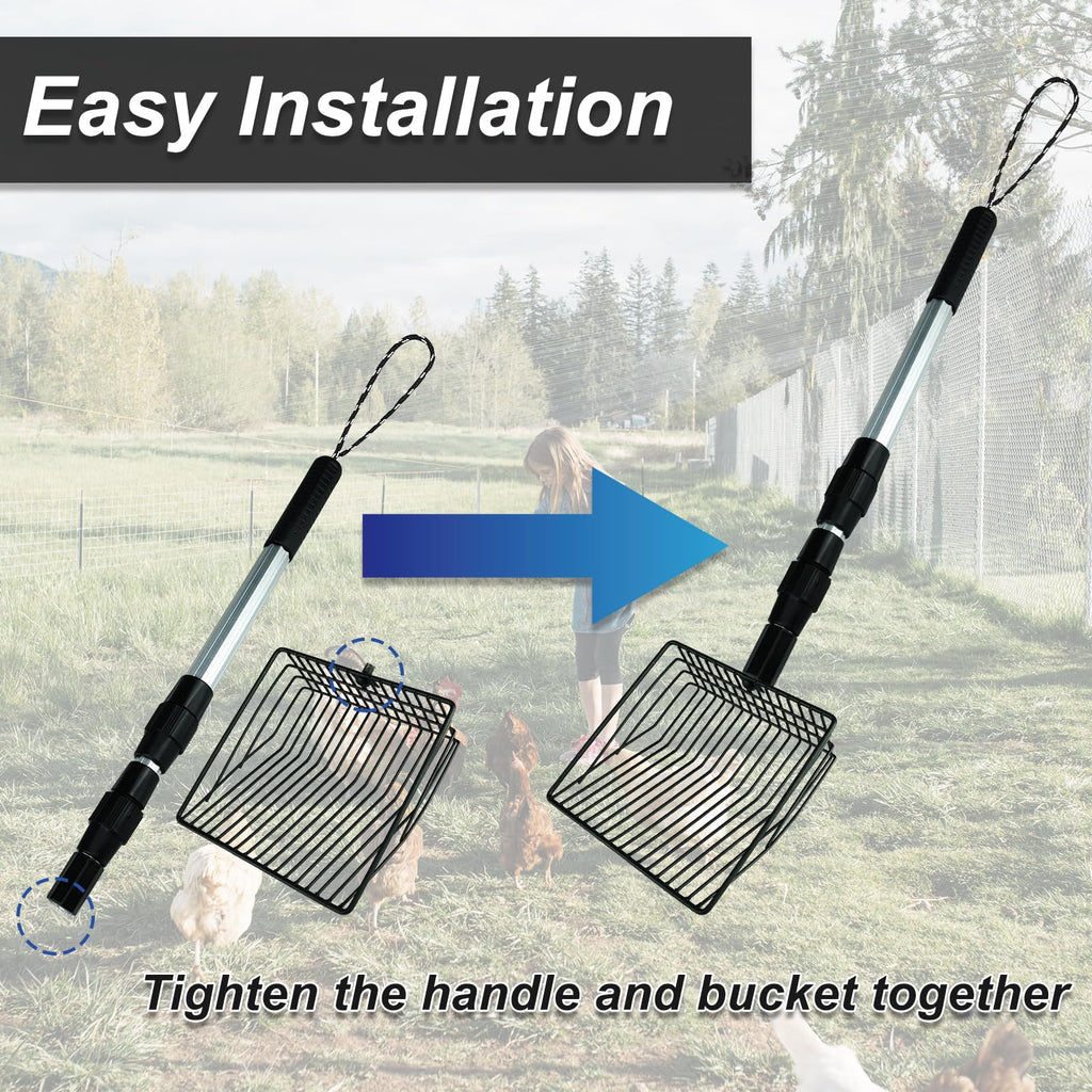 Chicken Poop Scooper 3 in 1 Adjustable Long Handle Litter Metal Scoop Heavy Duty Metal Chicken Poop Scooper Litter Sieving Shovel, Chicken Coop Accessories (22-41.7")