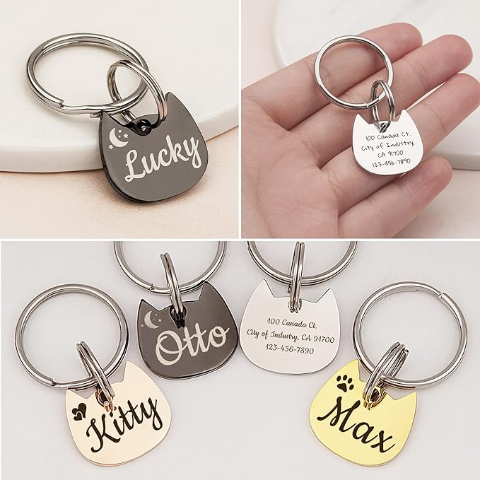 Anavia Small Size Dog Cat ID Tags, Small/XS Personalized Color Plated Stainless Steel Puppy Kitten Name Tags, Customized Engraved Nameplate Pet Collar Tag (Rainbow, Cat Head)