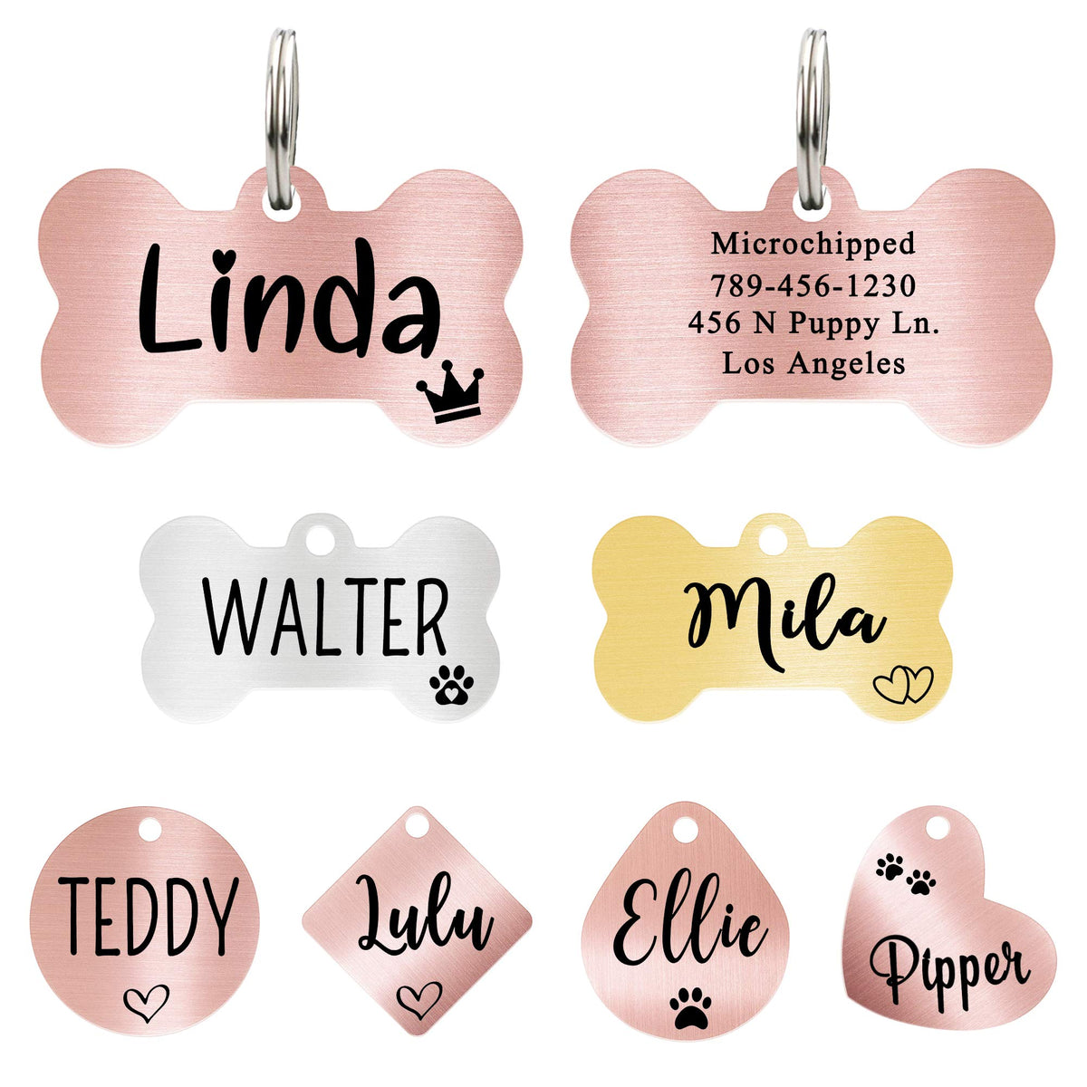 Ultra Joys Custom Personalized Pet ID Tag - Brushed Stainless Steel Heart in Rose Gold, Large