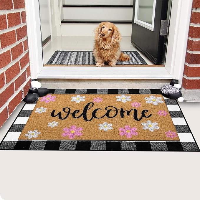 Tinideya 2 Pcs Spring Door Mat Outdoor Layerd Pink Flower Welcome Mat