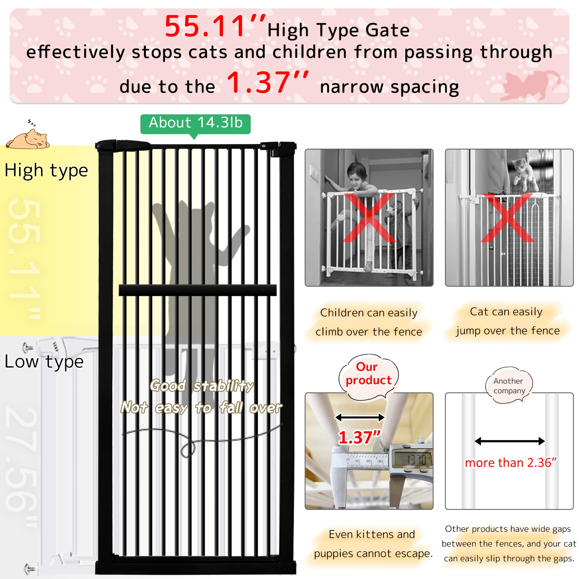 Lumizone 55.12" Extra Tall Pet Gate for Cat Dog 30.12"-38.38" Wide Black