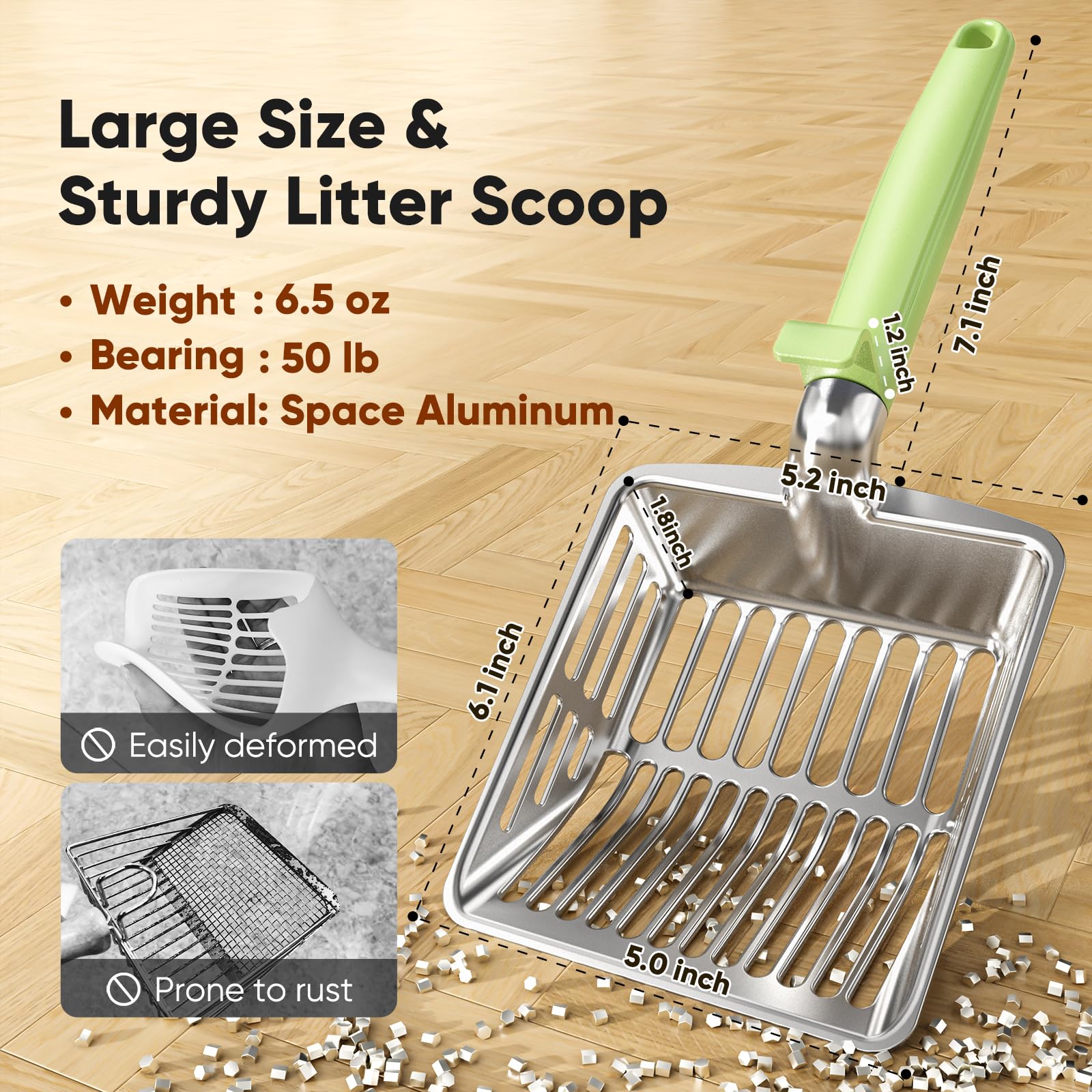 Large Metal Cat Litter Scoop w/ Deep Shovel, Dual-Size Holes & Hanging Hook