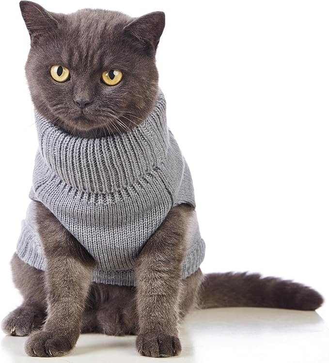 Stretchy Cat Sweater - 17 Colors & 6 Sizes | Snug Winter-Ready Knit for Boy/Girl Cats & Kittens (Grey, X-Small)