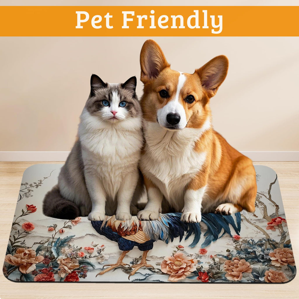 Dog Bowl Mat,Chicken Painting Pet Feeding Mat for Floors Waterproof,Flowers Absorbent Dogs Placemat for Food and Water Quick Dry Pet Cat Feeding Mats with Non Slip Bottom 16" x 24"
