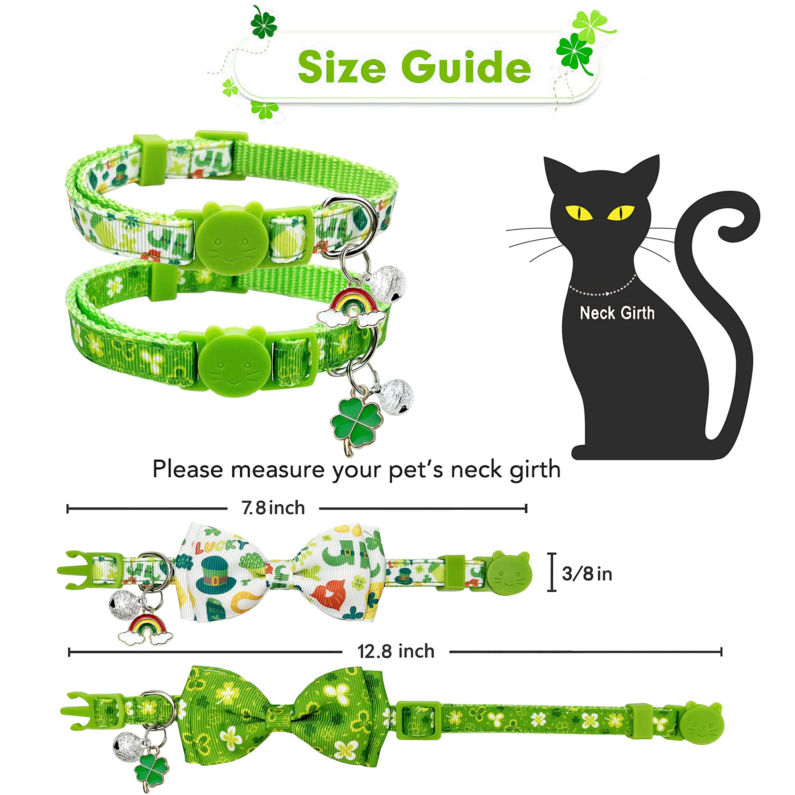 2 Pack St. Patrick Day Cat Collar with Bow Tie,Holiday Kitty Kitten Collar with Bell for Male Female Boys and Girls (Luckyclover)
