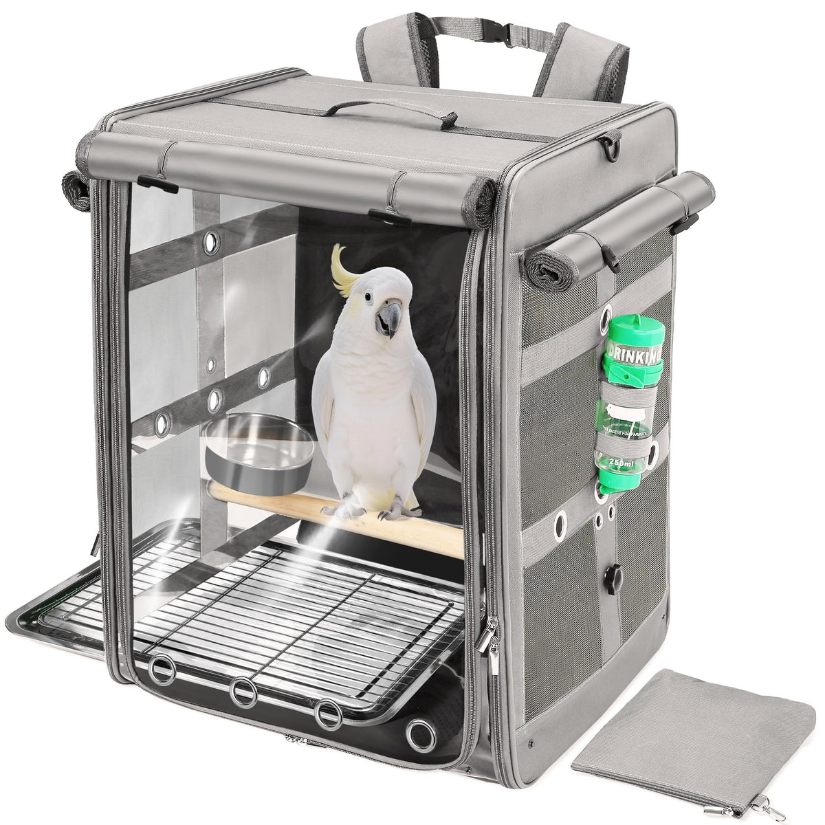 Suertree Bird Carrier with Seat Belt for Car Travel, Bird Backpack Carrier with Indestructible Stainless Steel Mesh, Large Bird Carrier Travel Cage, Grey
