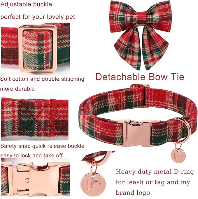 UP URARA PUP Christmas Plaid Dog Collar with Bow Tie– Adjustable Red & Green Checkered Dog Collar for Small Medium Large Dogs, Soft Xmas Plaid Puppy Collars with Quick Release Buckle M