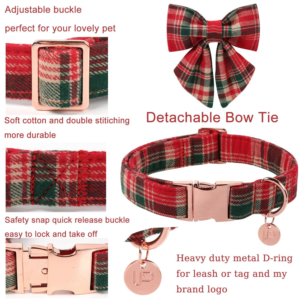 UP URARA PUP Christmas Plaid Dog Collar with Bow Tie– Adjustable Red & Green Checkered Dog Collar for Small Medium Large Dogs, Soft Xmas Plaid Puppy Collars with Quick Release Buckle XL