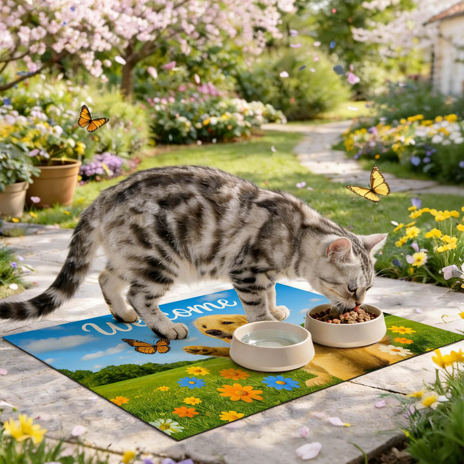 HOMETITUTE Dog Food Mat Spring Design Bowl Placemat 24 x 16 Inch