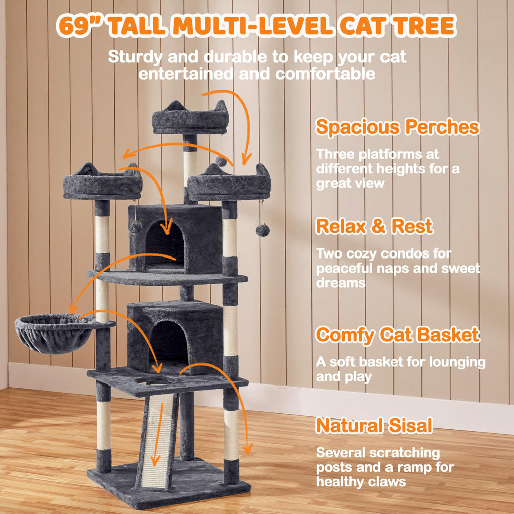 Yaheetech 69in Cat Tree Tower, 2 Condos, Scratching Posts & Cat-Ear Perches