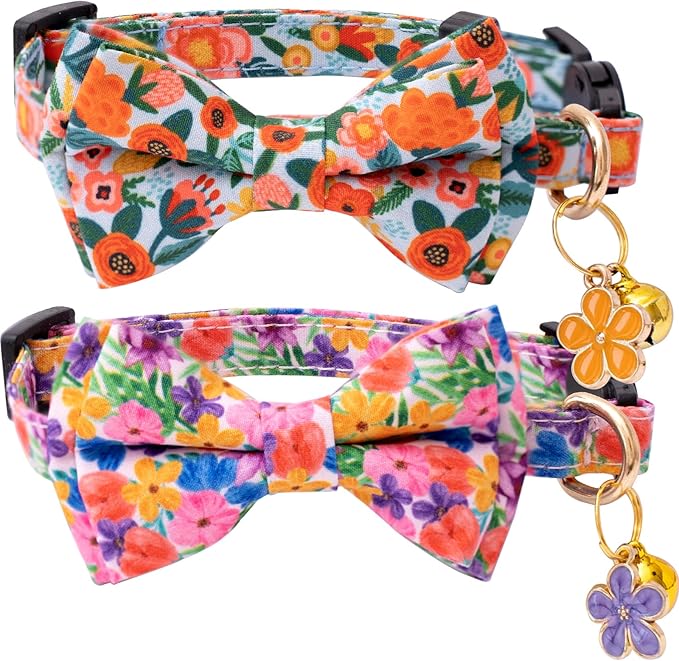 Faygarsle 2 Pack Fall Pumpkin Cat Collar with Bow Tie and Bell, Breakaway Safety Buckle, Pink and White