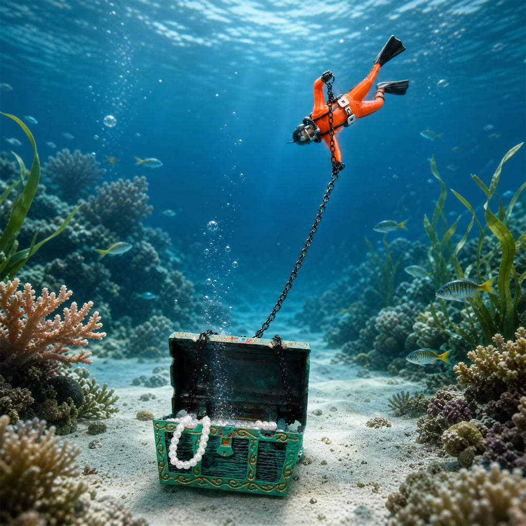 Eyech Live-Action Aquarium Ornament Creative Undersea Treasure Chest Diver Air Bubbler Aerating for Fish Tank Decorations Orange Color
