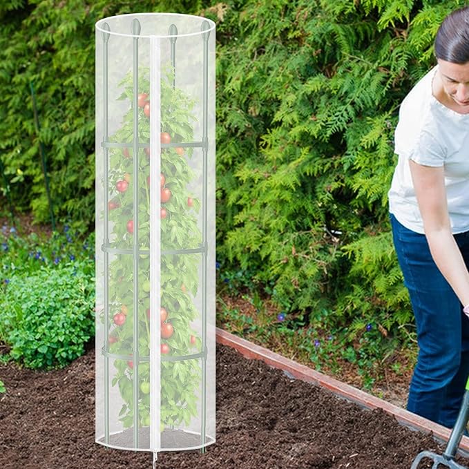 HFYZZ 3 Pcs Round Tomato Cage Bird Netting Plant Cover, 59" x 15.7" Insect Bird Barrier Tomato Cage Protection Cover with Zipper & Drawstring for Protecting Tomatoes, Fruit, Trellis Plants