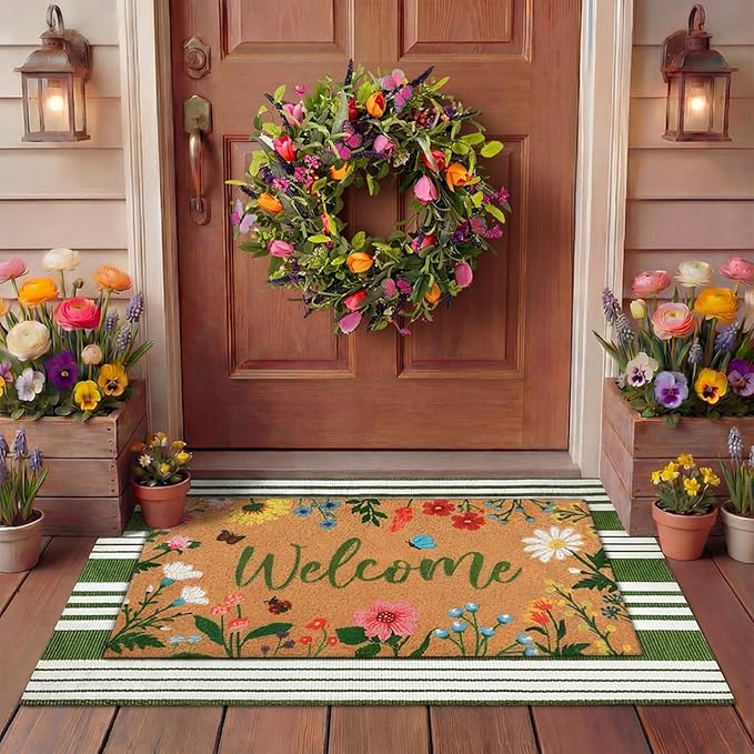 Tinideya 2 Pcs Coquette Boho Bows Custom Door Mat Welcome Non Slip Coir Mats Floor Layering Doormats Seasonal for Front Porch Entryway Decor(Boho Bows)