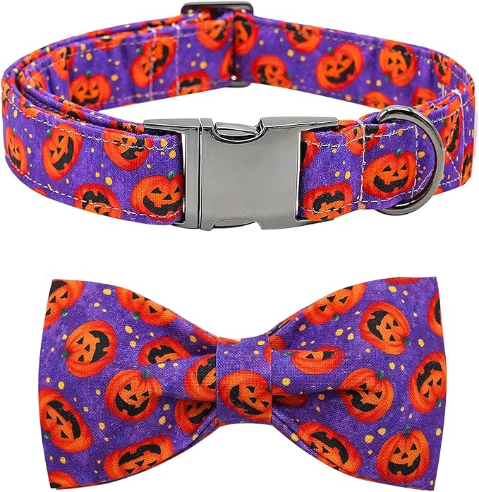 Dog Collar - Halloween Pumpkin Bowtie Pet Collar Gift Soft Bow Collar Pet Adjustable Metal Buckle Puppy Collars for Large Dogs