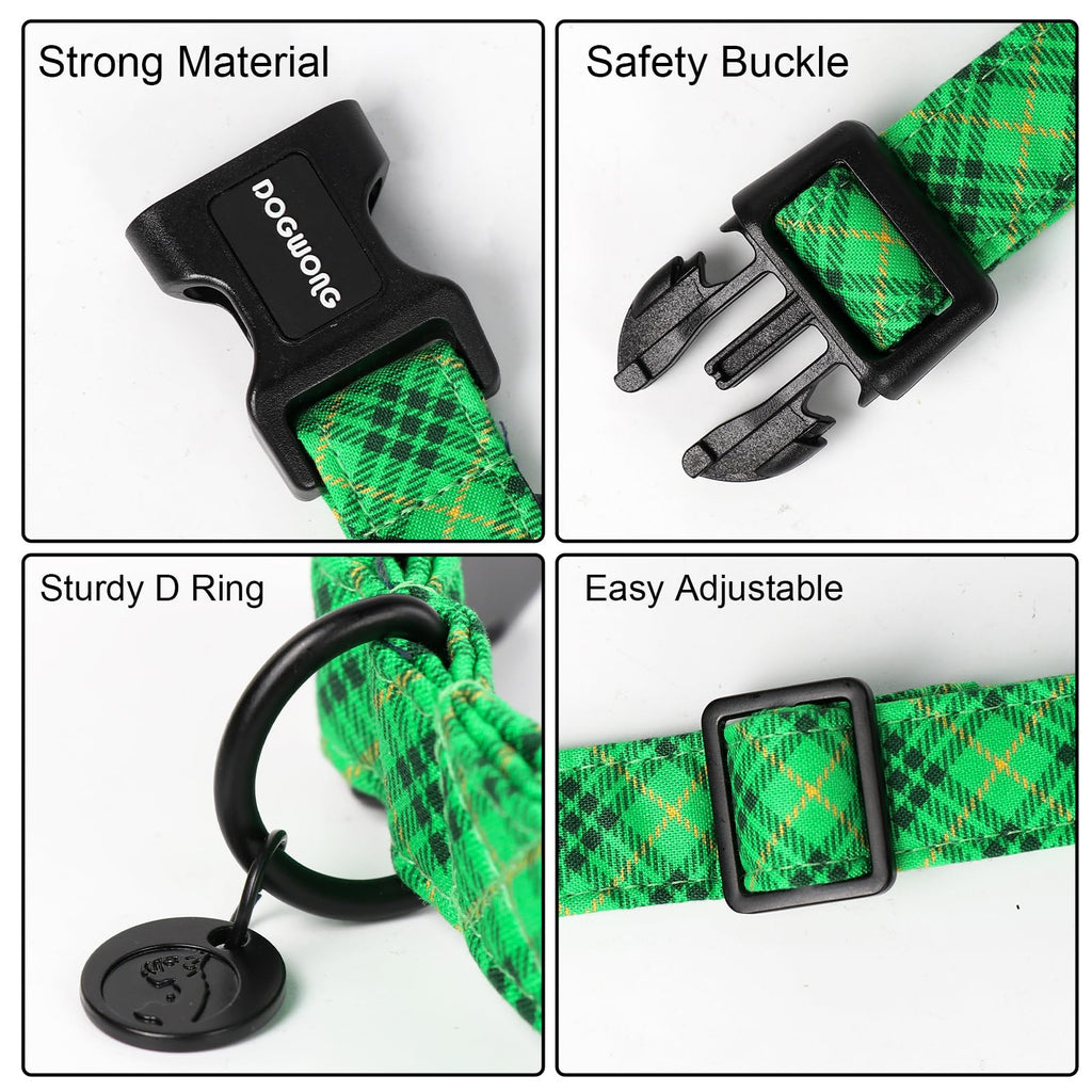 DOGWONG St. Patrick's Day Dog Collar, Green Plaid Dog Collar Soft Durable Adjustable Costume St. Patrick's Day Green Grid Puppy Collar for Small Medium Large Dog
