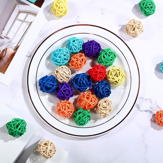 Sumind 80 Pieces Parrot Toy 1.2 Inch Wicker Rattan Balls Wooden Blocks Bird Chewing Toys Mini Wood Chips Pet Parrot Cage Accessories for DIY Playing Chewing Shredding Mixed Bird Toys, Random Color