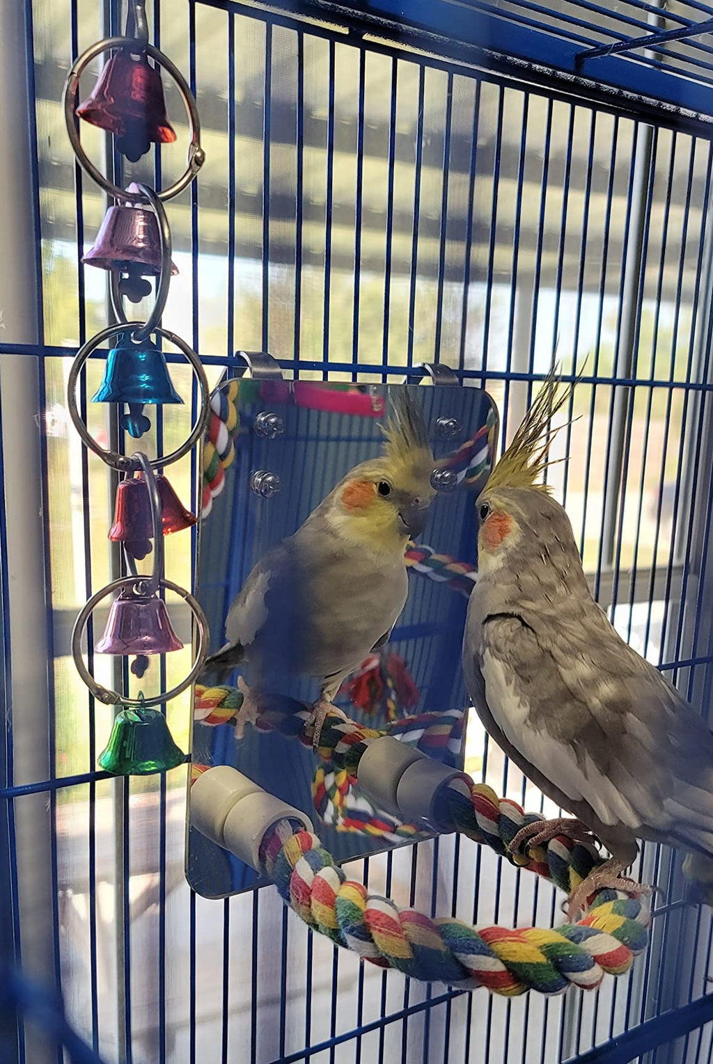 LOPERDEVE 10.6" Bird Mirror with Rope Perch Bird Toys Swing, Comfy Perch for Greys Amazons Parakeet Cockatiel Conure Lovebirds Finch Canaries