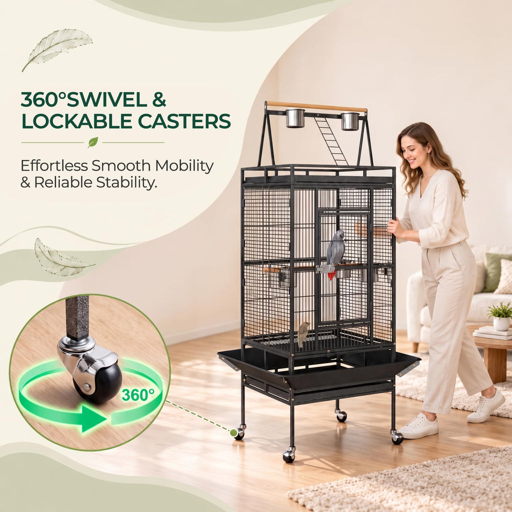 ZENY 68-Inch Birdcage, Playtop Parrot Cage, Wrought Iron Bird Cage with Rolling Stand, Heavy-Duty Pet Bird House for Parrot Cockatiel Cockatoo Parakeet Macaw Finches, Black