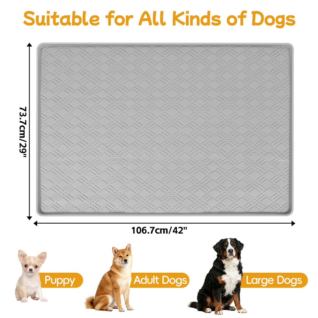 Lanstics Dog Food Mat 42" x29" Silicone Mat with Raised Edge Light Gray