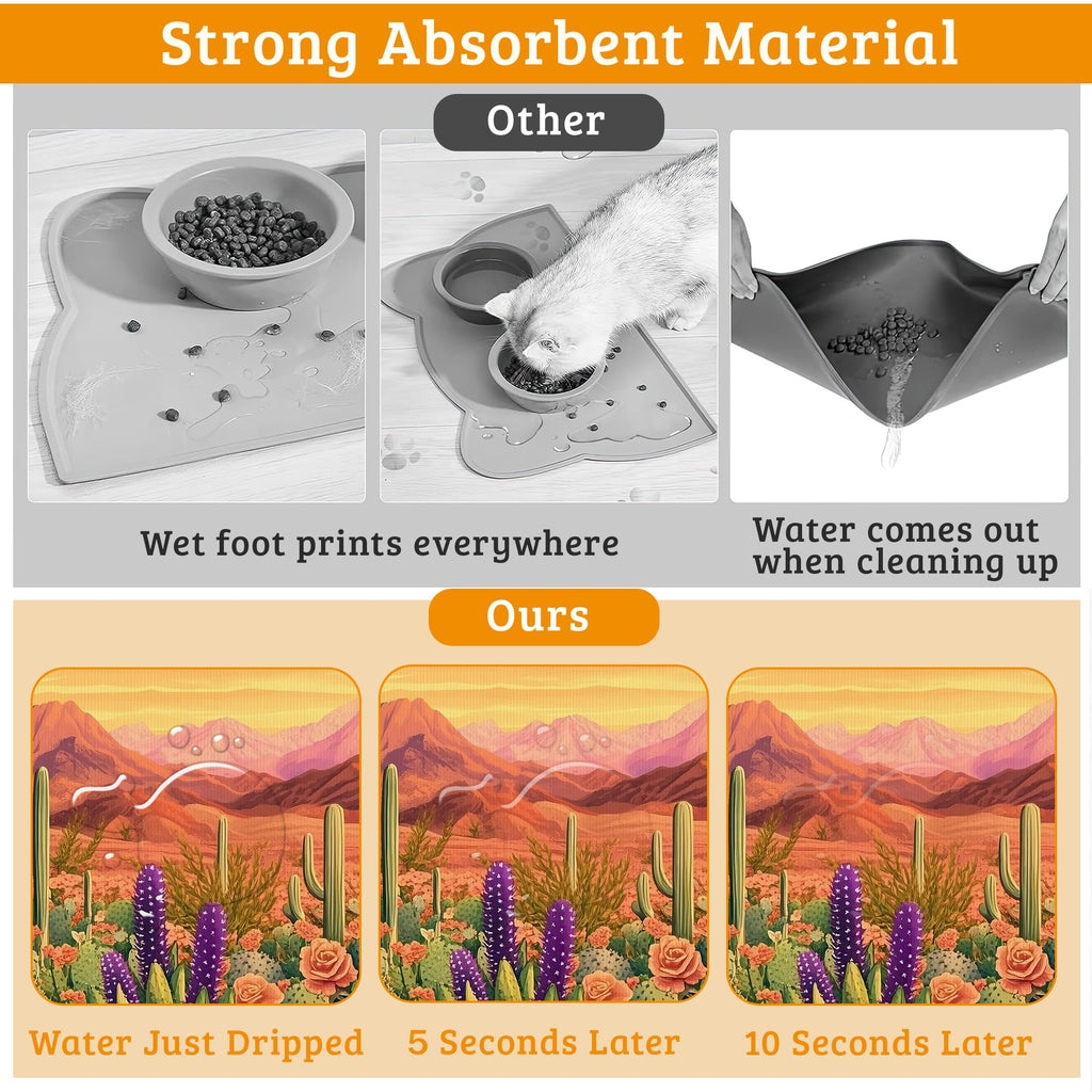 Pet Feeding Mat,Cactus Absorbent Dog Cat Food Mat Desert Dog Mat with Rubber Backing,Non-Slip Water Bowl Placemat,Pet Supplies 16" x 24"