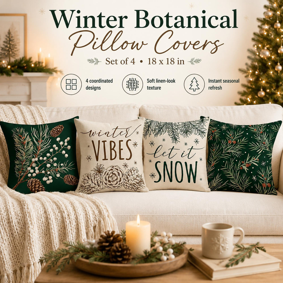 Fahrendom Winter Vibes Green Decorative Throw Pillow Covers