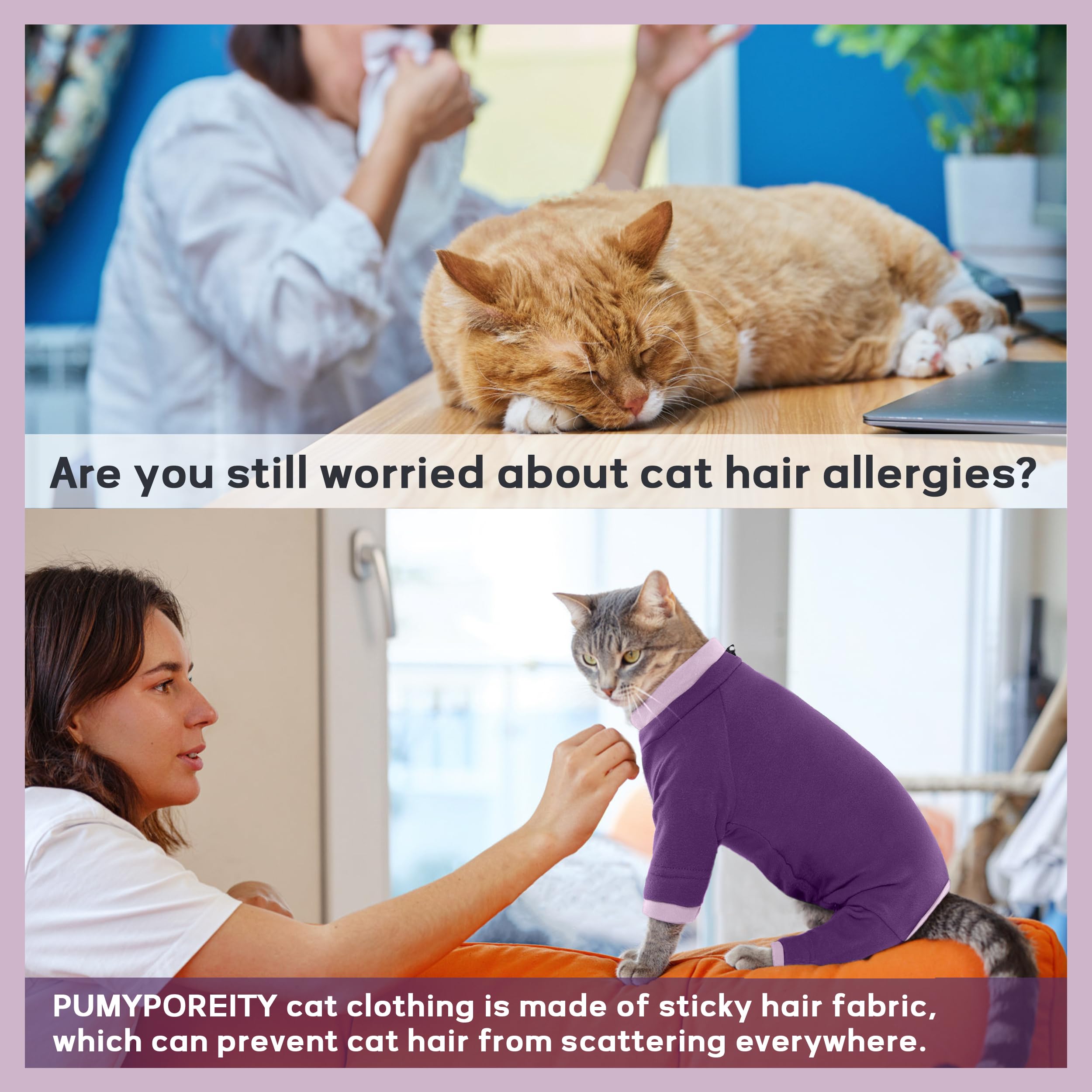 PUMYPOREITY Cat Calming Sweater – Helps Reduce Licking & Grooming Habits, Daily Comfort Shirt for Anxious Cats, Lightweight Fabric for Fur Control, Purple, S