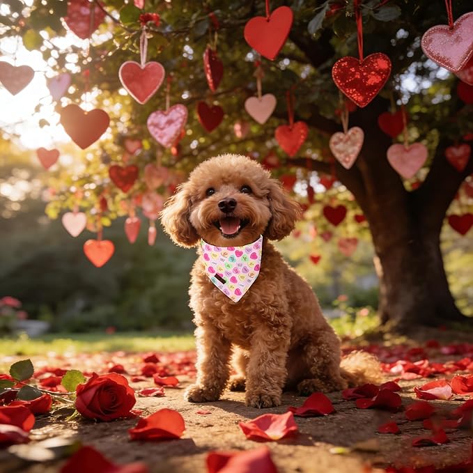 Lionet Paws Valentine's Day Dog Bandana Washable Cotton Beige Handkerchief Scarf Triangle Love Letter Bandana for Medium Large Dogs Girl Boy