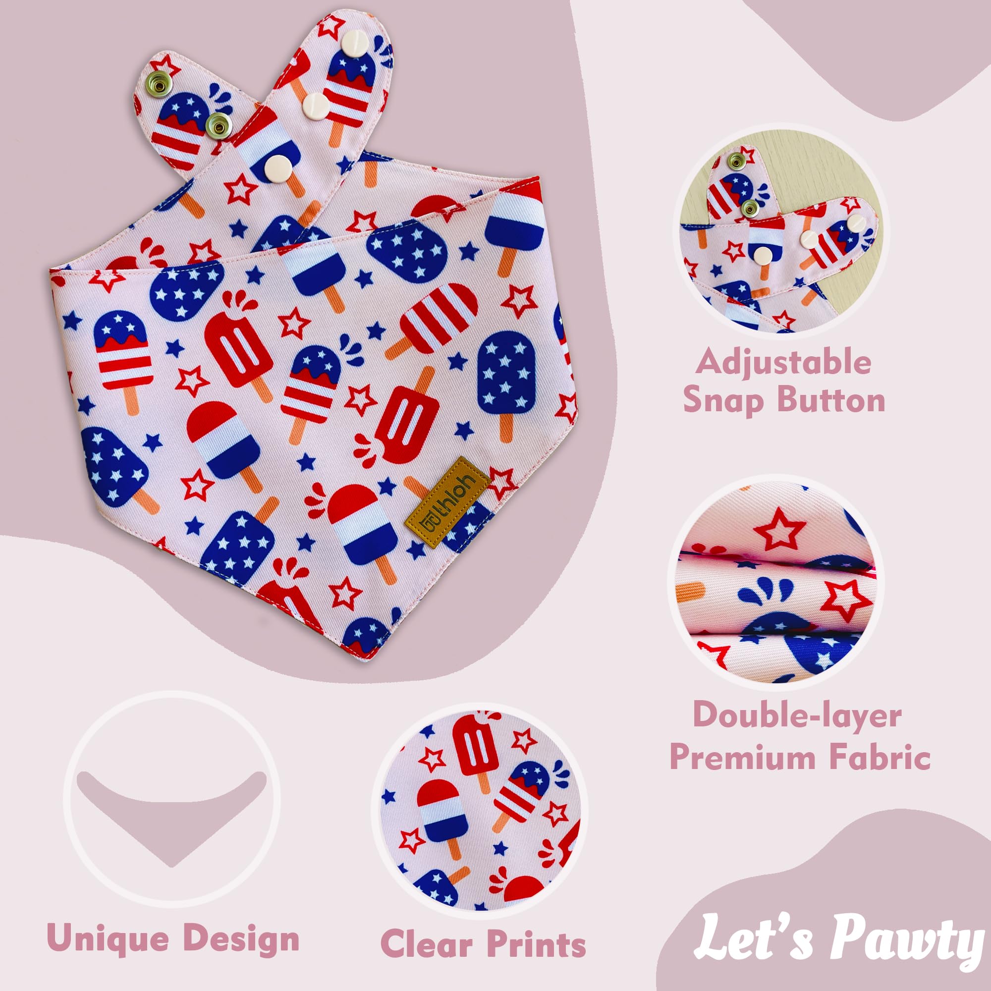 THLOH 4th of July Dog Bandanas with Snap Button, 2 Pack American Flag Pet Scarf for Boy & Girl, Premium Durable Fabric, Adjustable Fit, Patriotic Bandana for Large and Extra Large Dogs (X-Large)