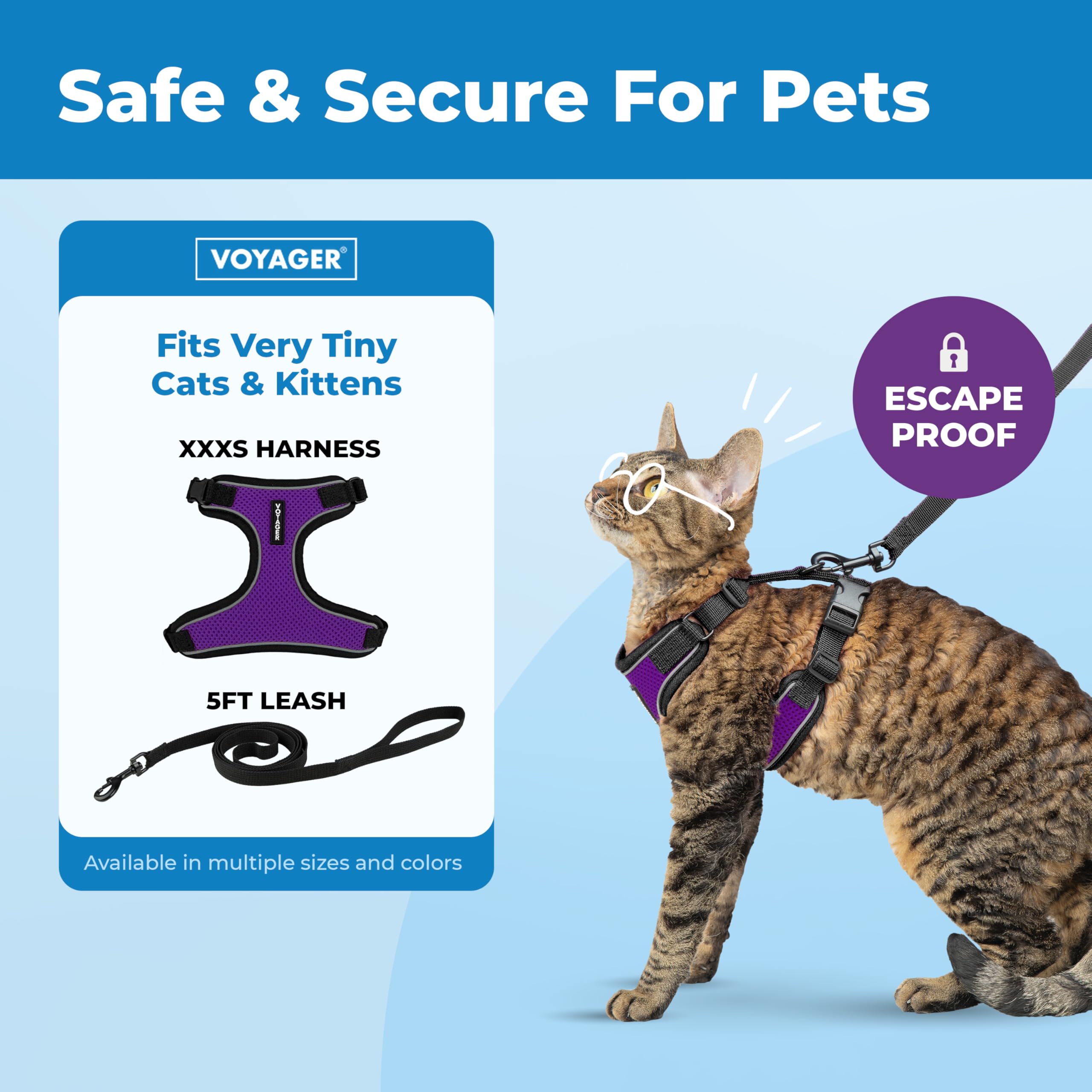 Voyager Escape-Proof Step-in Lock Cat Harness & 5ft Neoprene-Handle Leash Set All-Weather Mesh with Reflective Stitching for Small to Large Cats by Best Pet Supplies, Black Trim-Purple (327), XXXS