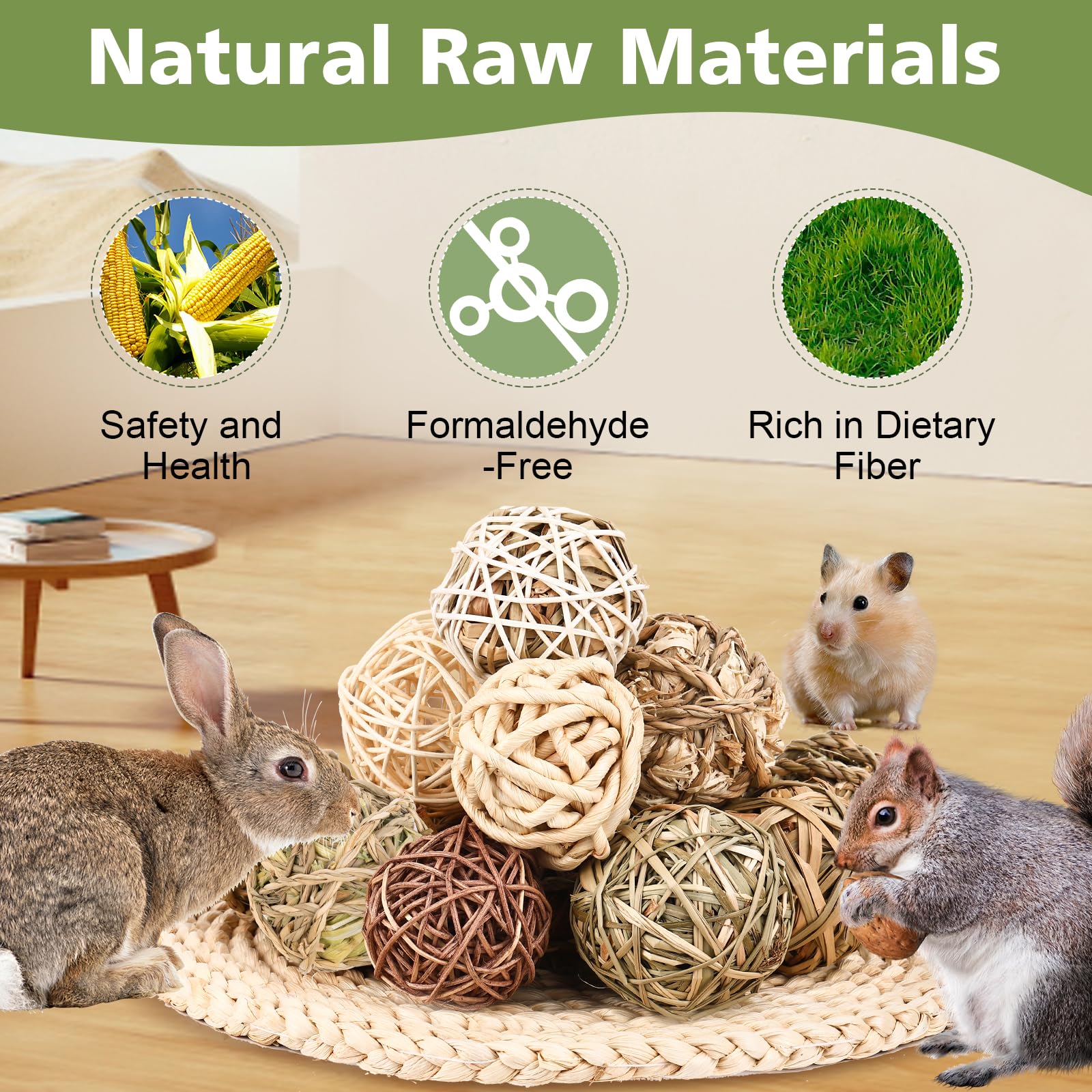 Bunny Chew Grass Balls, Rolling Chew Toys for Small Animals, Improving Dental Health, Natural Chew Grass Toys for Rabbits, Guinea Pigs, Chinchillas, Hamsters, Mice (16 Pcs)