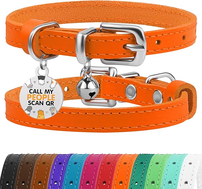 BRONZEDOG Leather Cat Collar with Removable Bells Non Breakaway Kitten QR Tag for Girl Boy (7" - 9" for Cats