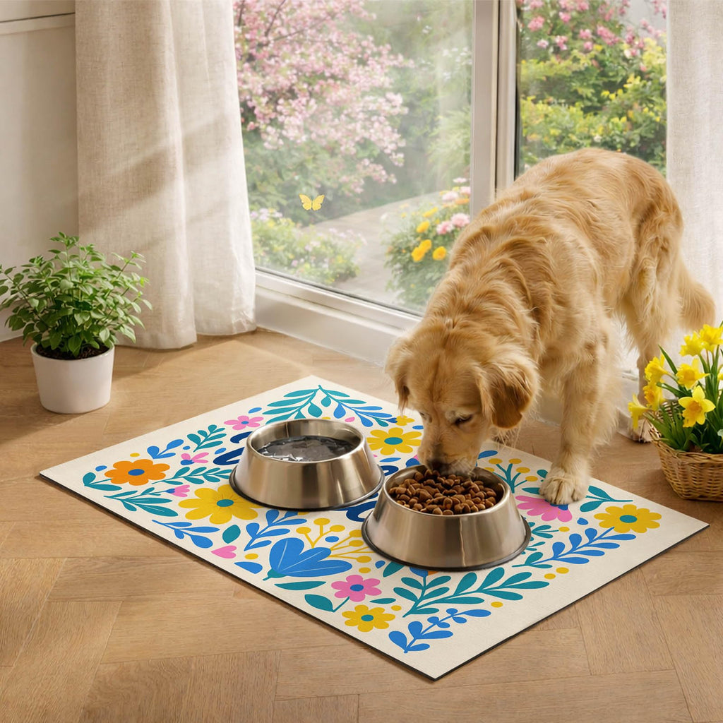 HOMETITUTE Pet Feeding Mat Welcome Floral Bowl Placemat 24 x 16 Inch