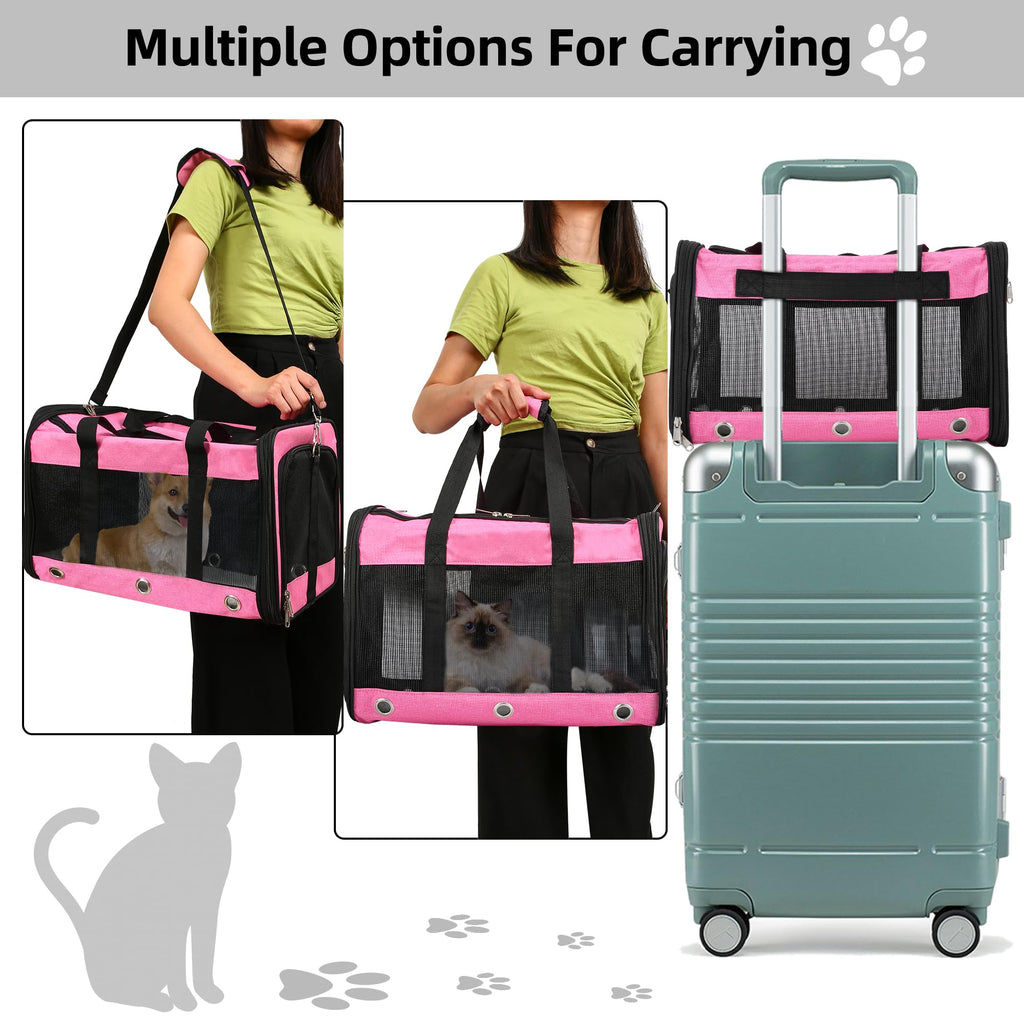 Soft Sided Cat/Dog Carrier,Collapsible Pets Travel Carriers for Pet/Puppy with Shoulder Strap & Removable Mat,Mesh Top Load Small Dogs/Cats Carry Bag Up to 25 Lbs（Pink,L）