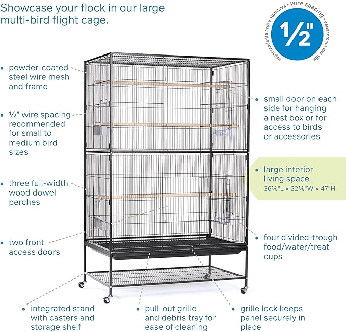 Prevue Hendryx Pet Products Wrought Iron Flight Cage - Big Rolling Bird Cage for Parakeets, Cockatiels, Conures, Lovebirds, Canaries, Finches, Parrotlets, & Caiques, 5 Ft - X-Large, Hammertone Black