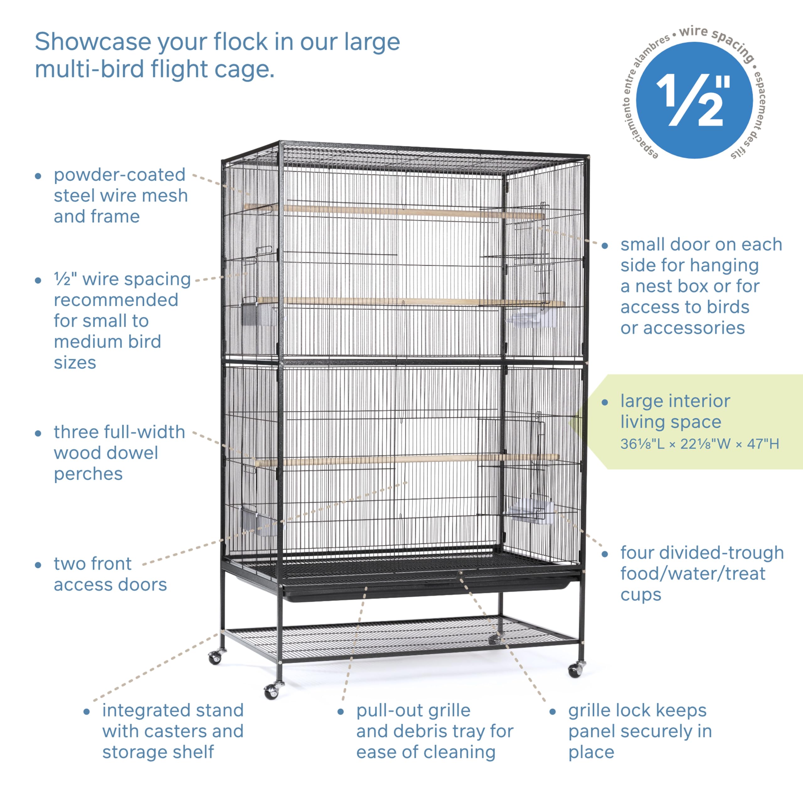 Prevue Hendryx Pet Products Wrought Iron Flight Cage - Big Rolling Bird Cage for Parakeets, Cockatiels, Conures, Lovebirds, Canaries, Finches, Parrotlets, & Caiques, 5 Ft - X-Large, Hammertone Black