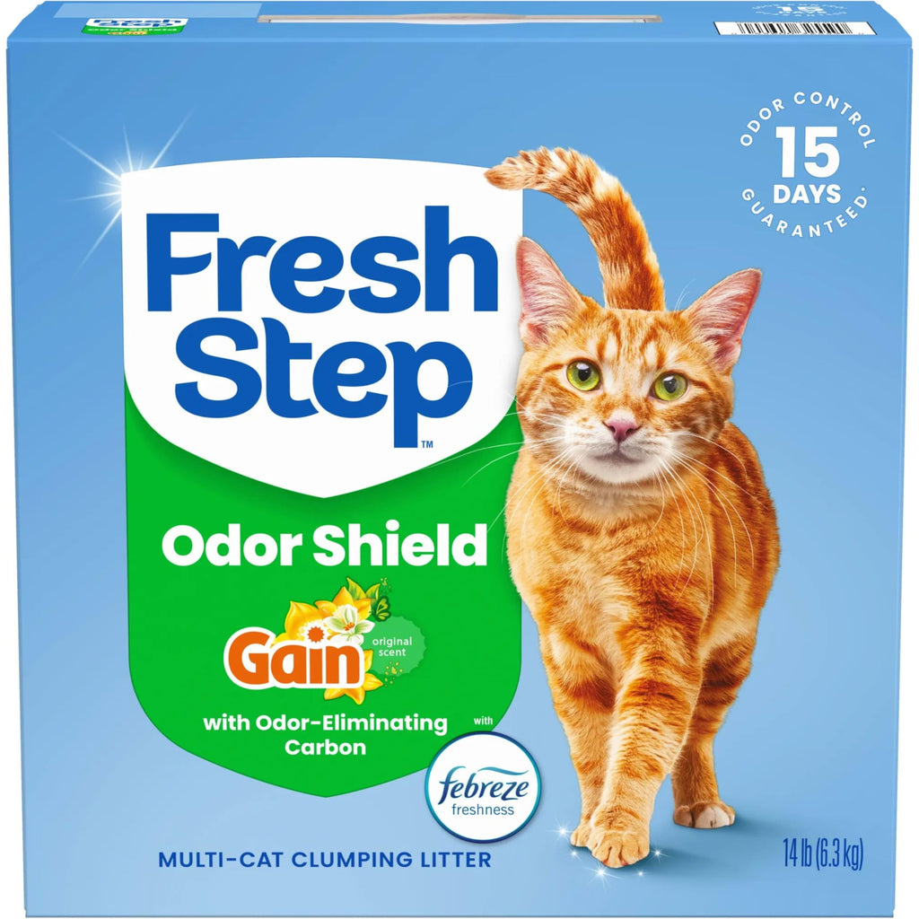 Fresh Step Odor Shield Multi Cat Clumping Cat Litter With Febreze Freshness in Gain Scent, Low Dust, Odor Control with Ammonia Block Tech, Compatible in Automatic Litter Boxes, 14 lb.