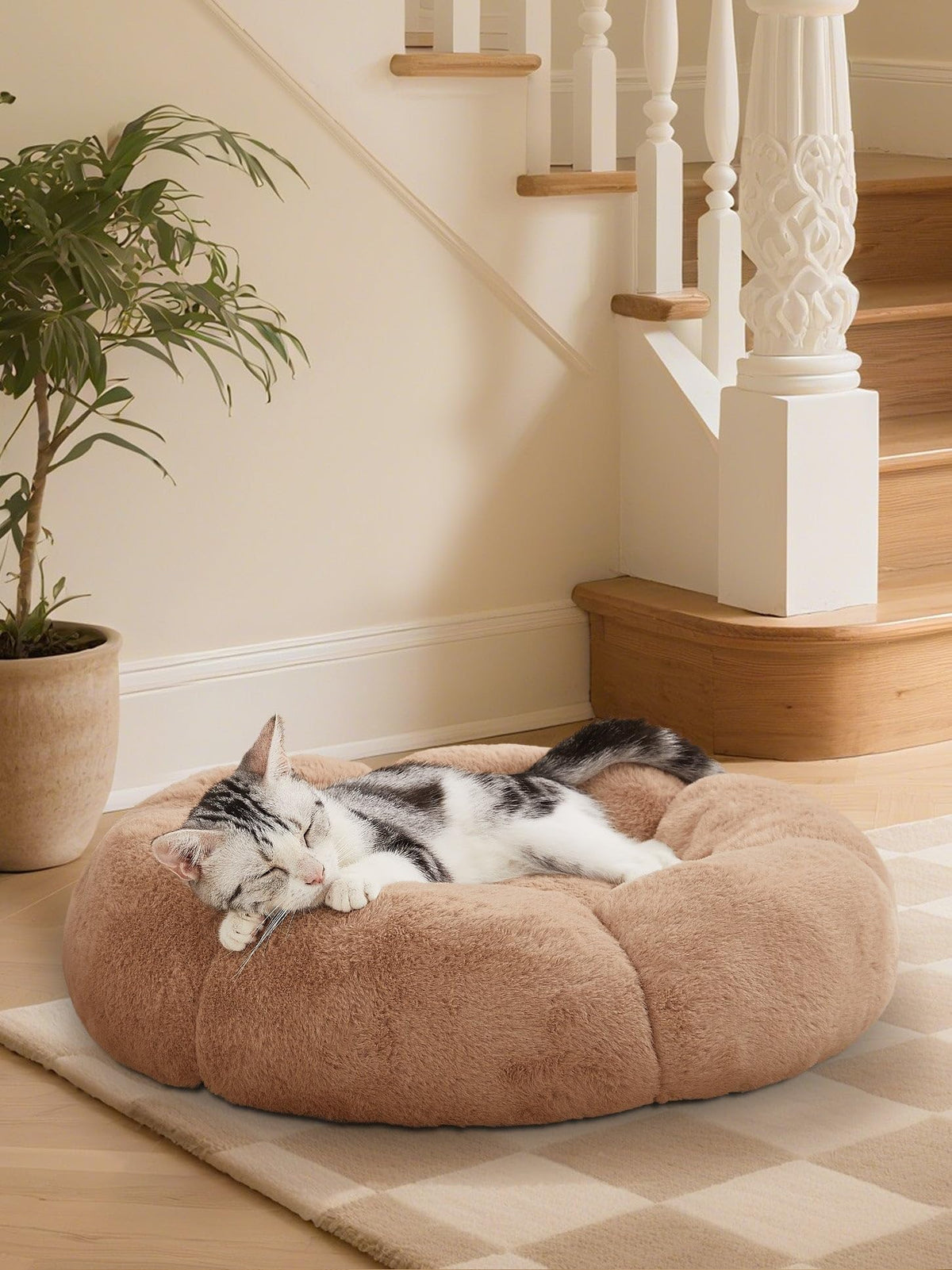 OhGeni 27 inches Calming Donut Dog & Cat Bed for Medium Pets, Warming Comfort Fluffy Short Pile Fur, Durable Machine Washable Round Bed, Cute Round Bed for Puppy and Kitten, Camel