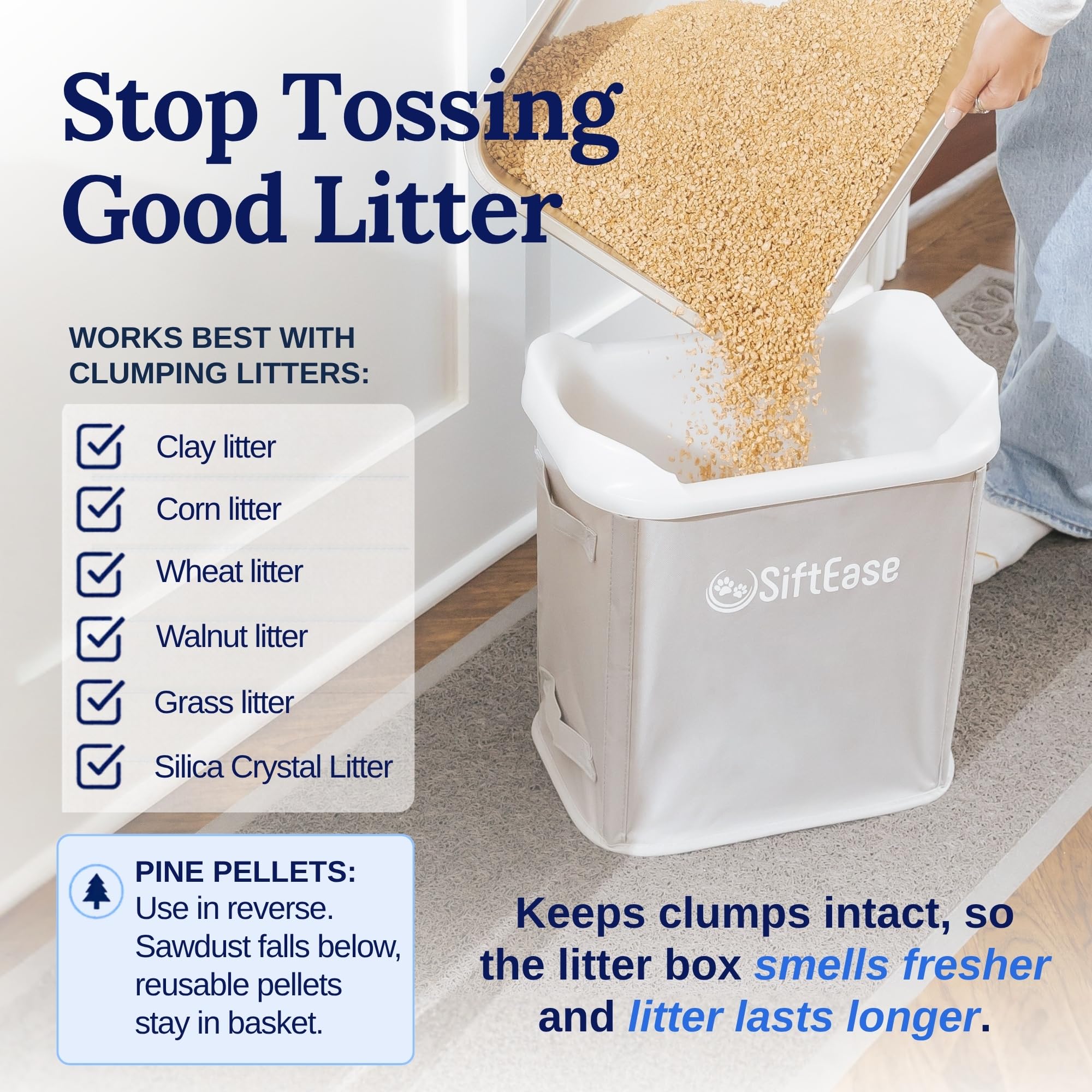 Cat Litter Sifter - SiftEase Sifting Litter Box Cleaner, Fast & Easy Scoop Free Cleaning, Large Sifter with Bin for Longer Lasting Litter (Pink)