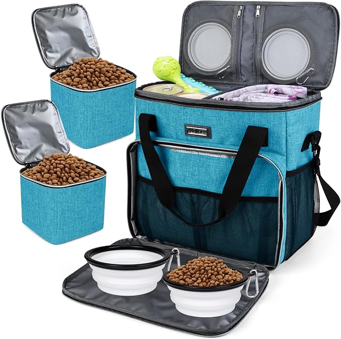 BAGLHER Dog Travel Bag, Airline Approved Pet Tote Organizer with Multi-Function Pockets, 2 X Food Storage Containers and 2 X Collapsible Bowls, Perfect Weekend Pet Travel Set for Dog