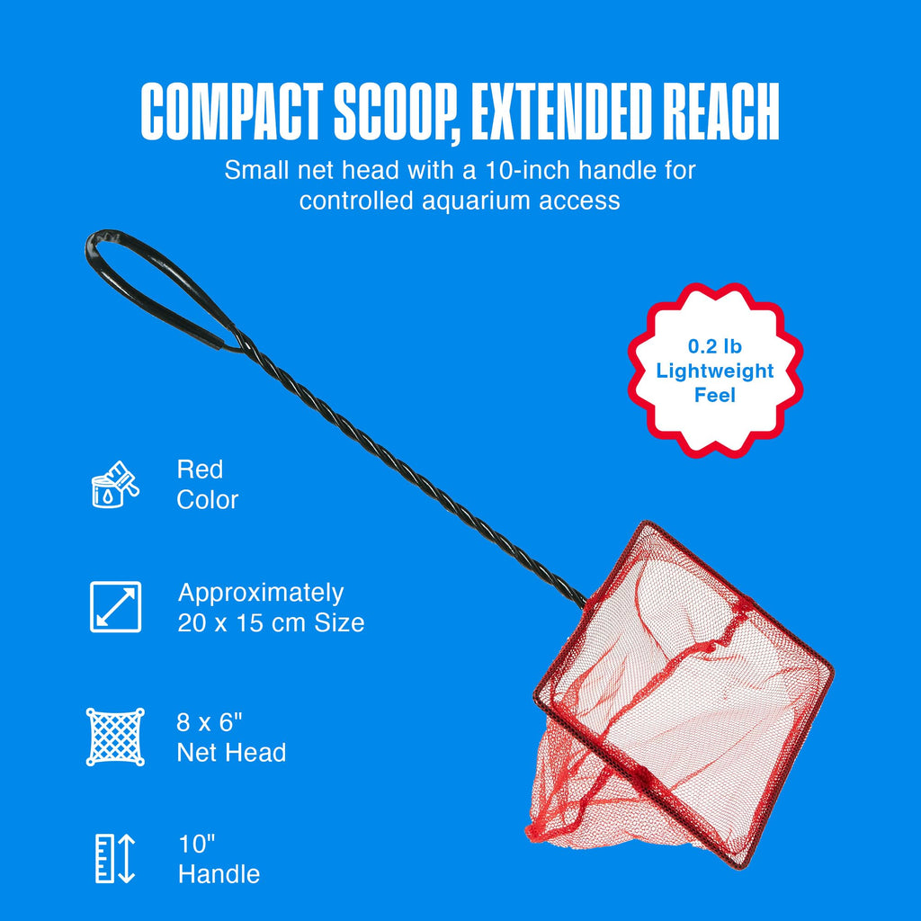Penn-Plax Infra-Red Quick-Net Aquarium Fish Net - 8 x 6 in Fine Mesh, 10 in Vinyl-Covered Braided Handle - Small Aquarium Cleaning Tool for Gentle Fish Handling - Freshwater & Saltwater Tanks - Red