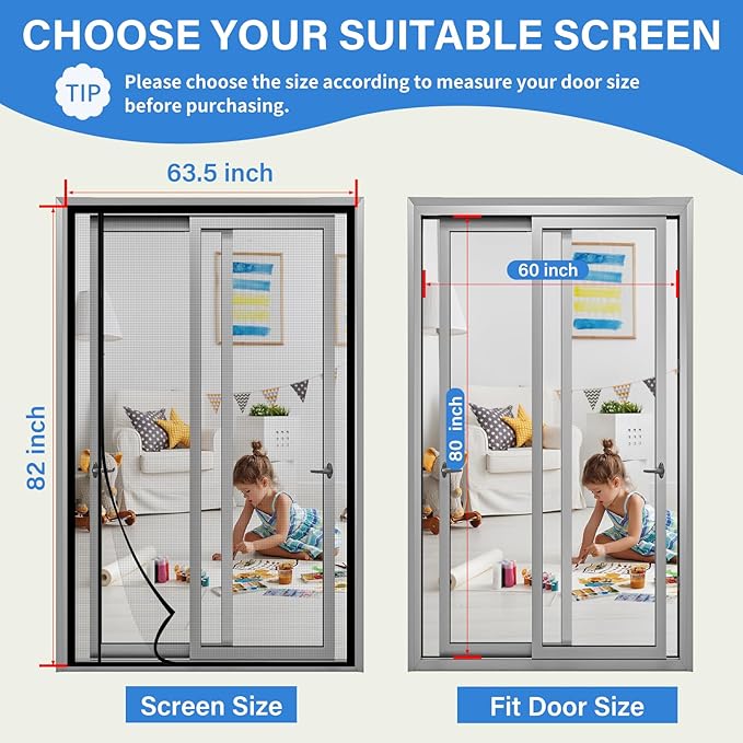 LONGEAS Magnetic Screen Door Left Right Side Opening Upgraded PET Mesh Greater Than Fiberglass and Polyester,Keep Bugs Out,Pet & Kid Friendly,Suitable for Sliding Doors,Patio French Doors-60" X 80"