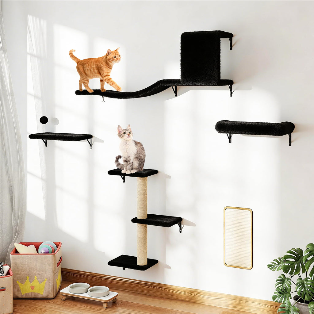 COZIWOW 5Pcs Wall Mount Cat Tree & Shelf Furniture for Large Cats, Black
